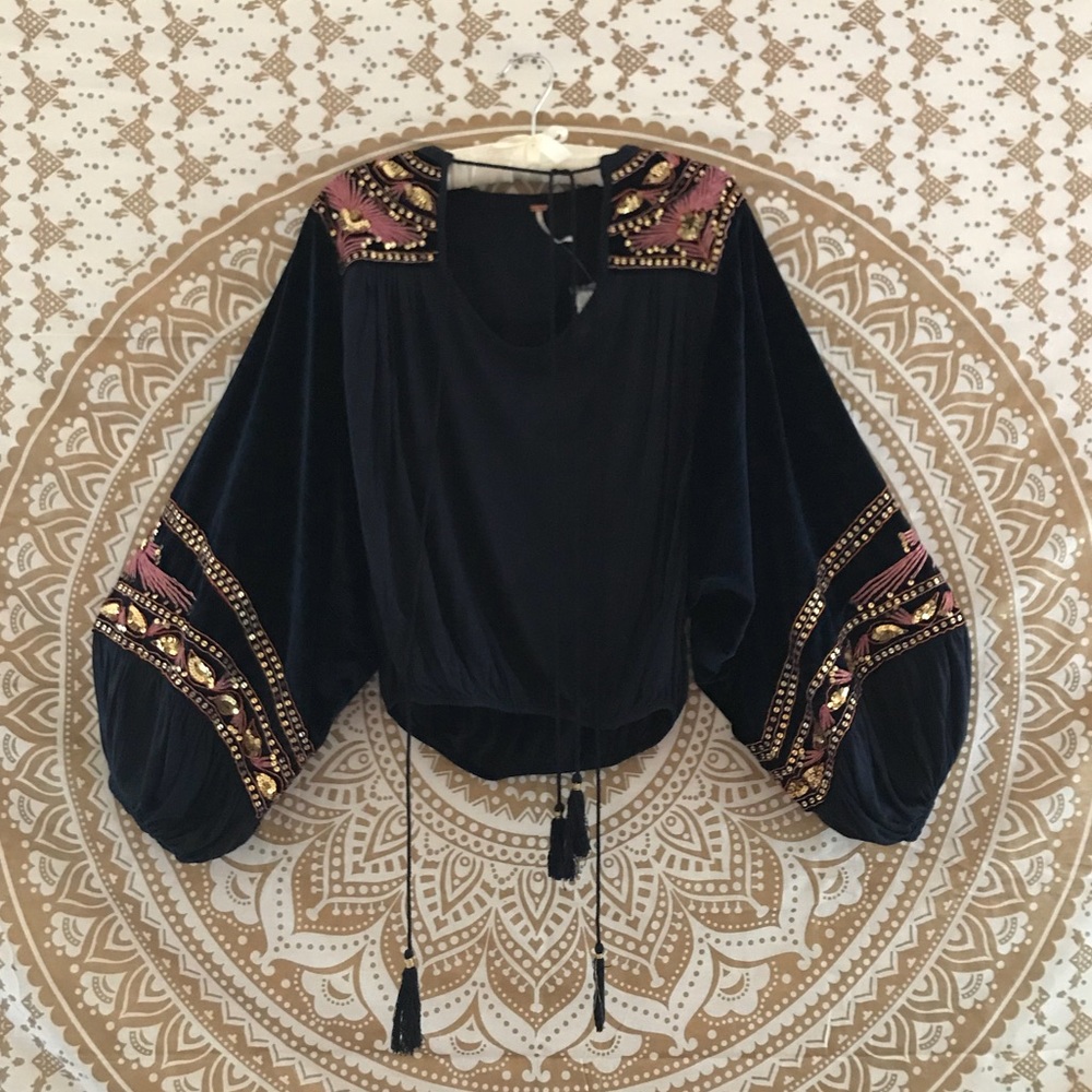 Navy Blue Bell Sleeve Top, Size XS